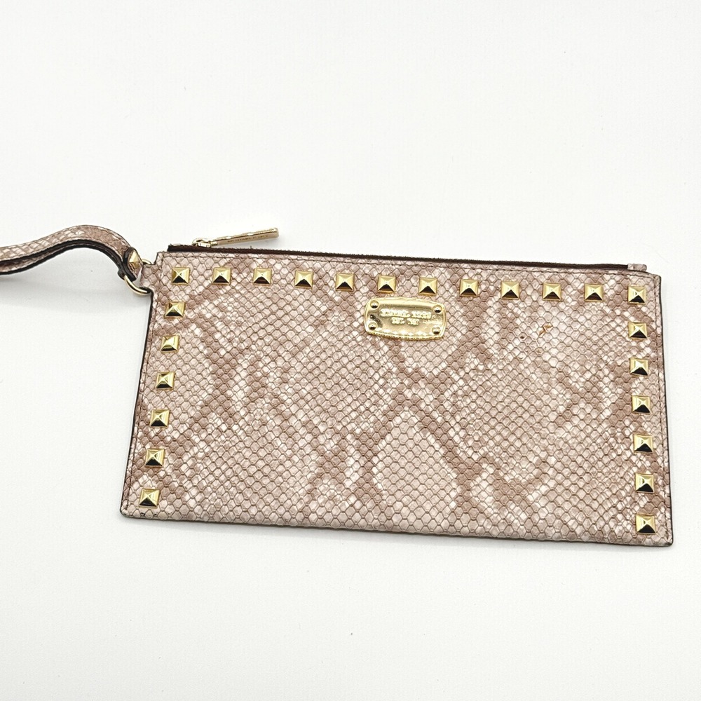 Michael Kors Studded Snakeskin Print Wristlet Tan Gold Clutch Bag